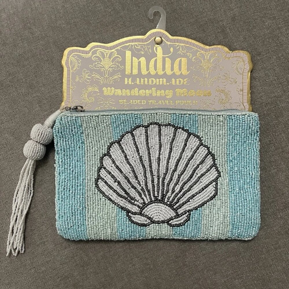 Handcrafted Beaded Shell Blue Zipper Travel Pouch Glass Bead Beachy India